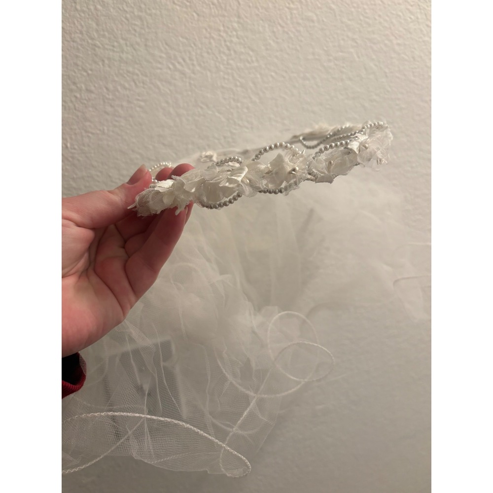 White Floral Crown Veil Faux Pearl Headband First Communion Wedding Flower Girl
